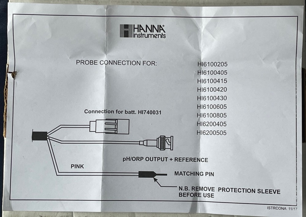 Hanna Instruments ORP Electrode HI6200405 w/Battery & Paperwork