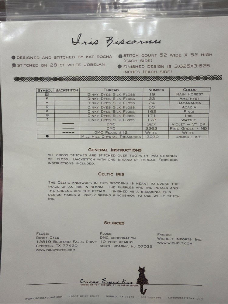 CROSS EYED KAT Iris Biscornu Cross Stitch Pattern
