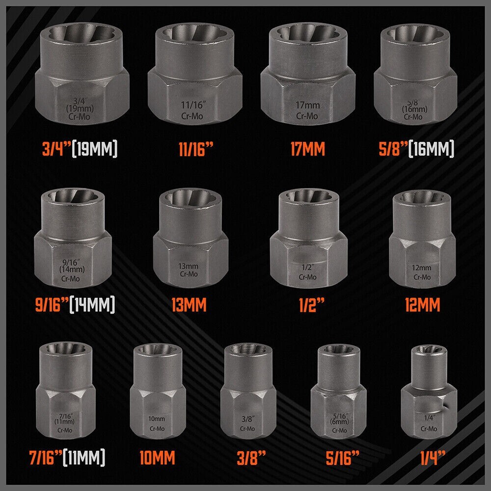Impact Bolt Extractor Set Nut Remover Set Stripped Extraction Socket Tools 15pcs