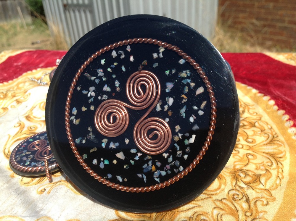 Tensor Ring, Triskelion, Shungite & Opal  Orgone Water Structuring Coaster.