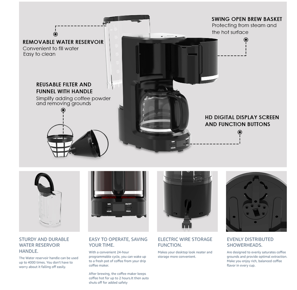 12-Cup Programmable Coffee Maker Removable Water Reservoir Drip Coffee Maker