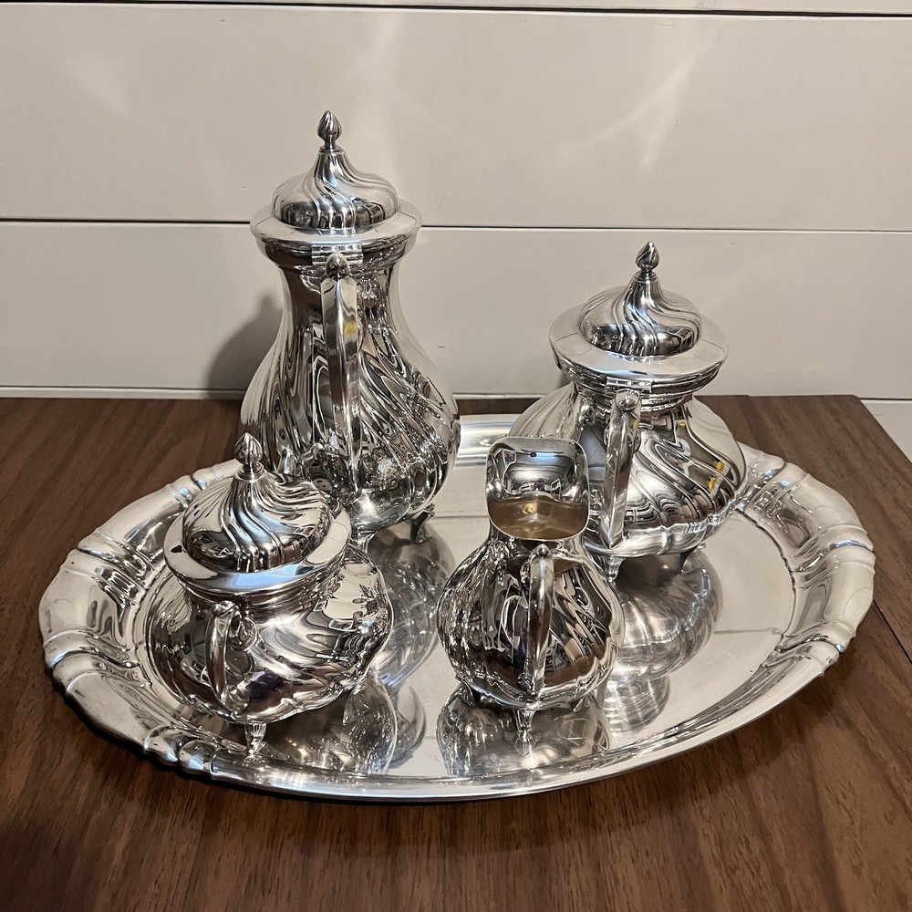 WMF Silver plate Coffee Tea Set 5pc with Tray 18in Swirl Pattern Germany