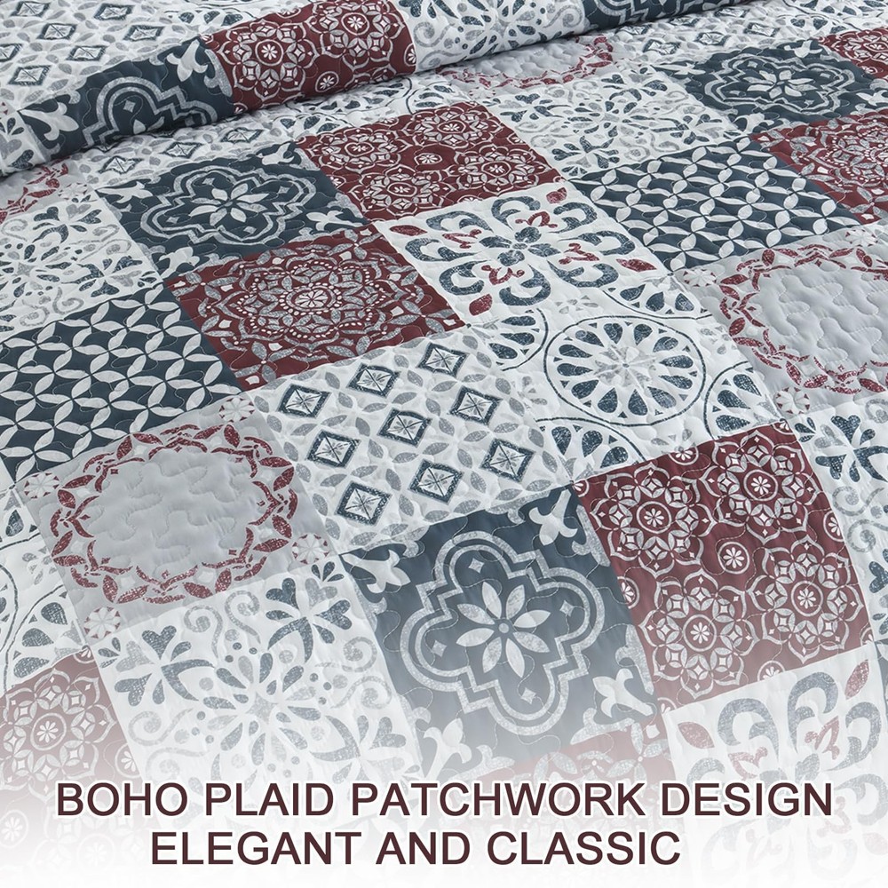 Dobuyly Patchwork Quilt Set Queen Size Boho Plaid Bedspread Queen, Red Grey