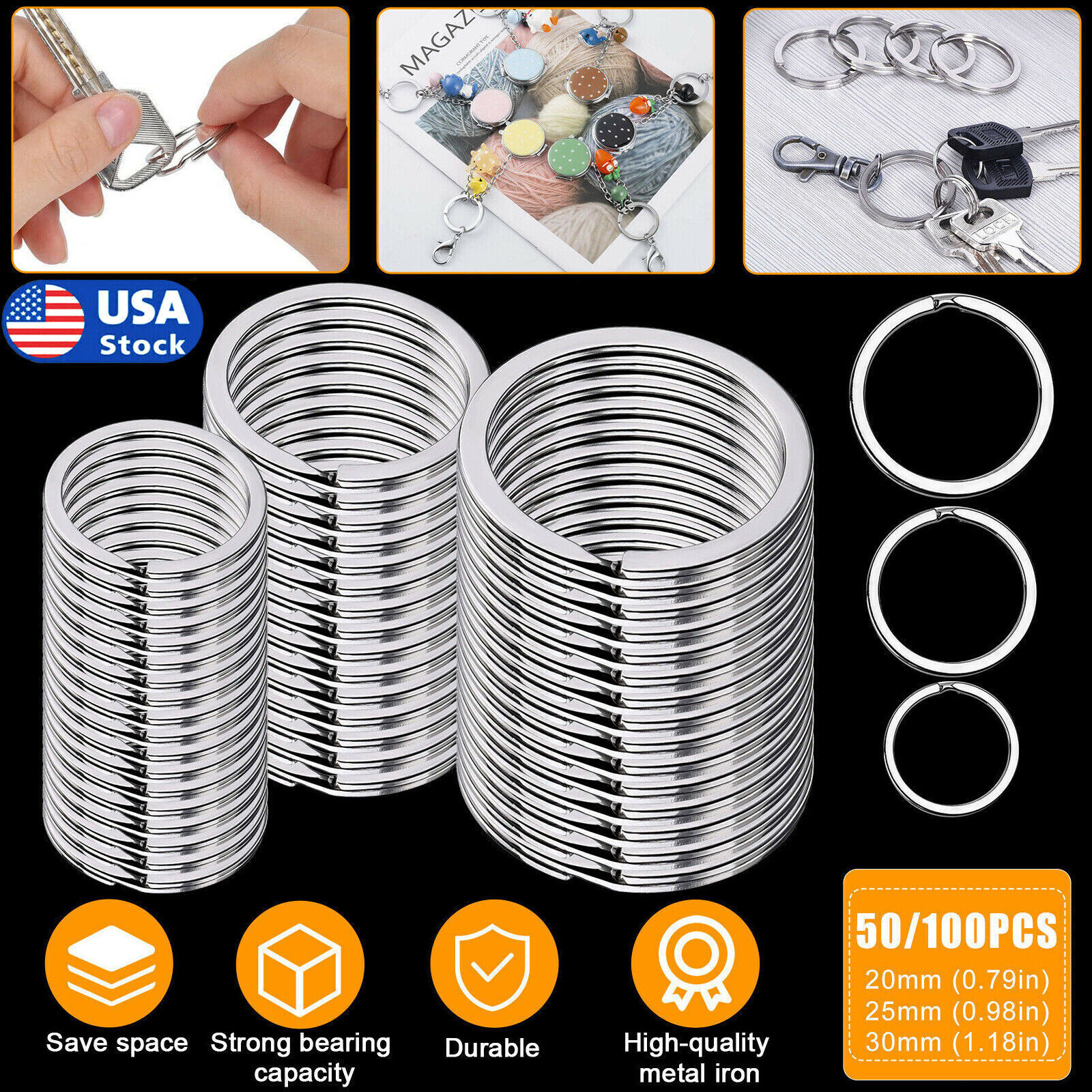 100/50 PCS Stainless Steel Key Rings Split Hoop-30/25/20mm DIY Flat Metal Chains