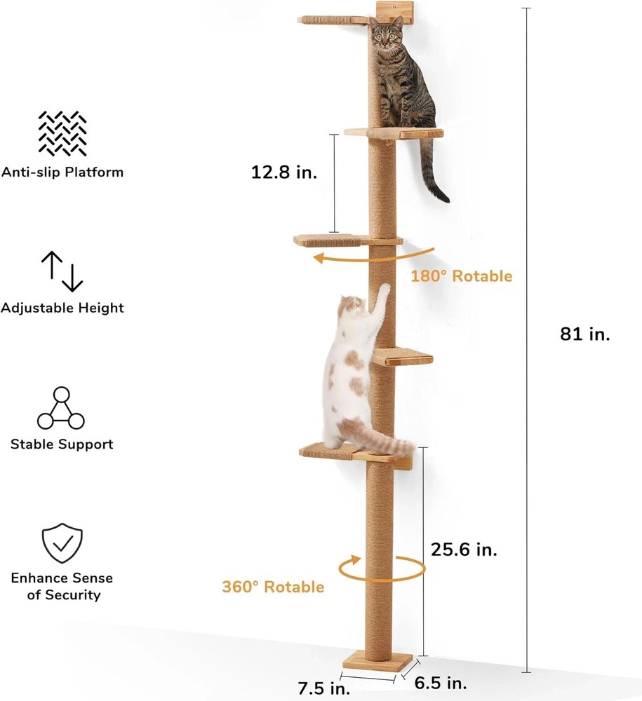 5-Tier Cat Tree Tower - Wall-Mounted Scratching Post for Climbing & Play