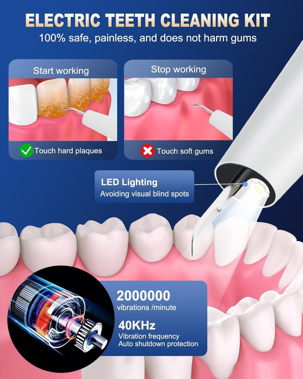 Electric Ultrasonic Dental Calculus Tooth Cleaner LED Scaler Plaque Remover Tool