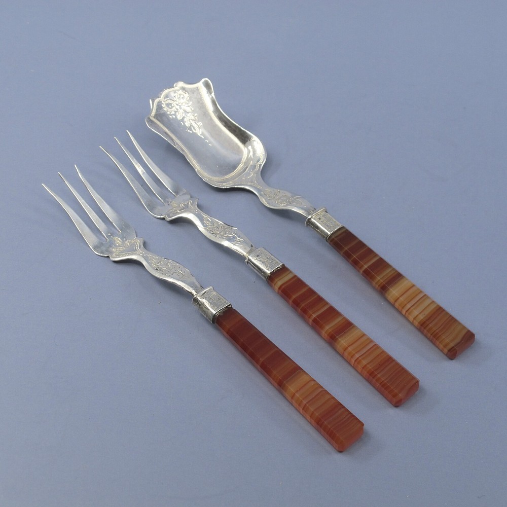 Dutch .835 Silver 3-Piece Agate Handled Serving Set 2 Forks & Server No Monogram