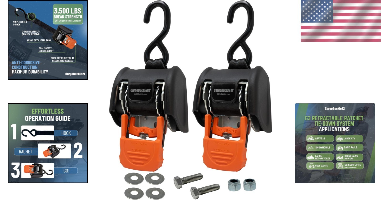 Reliable G3 Self-Retracting Ratchet Straps - Heavy Duty, 2-Inch x 6-Feet, 2-Pack