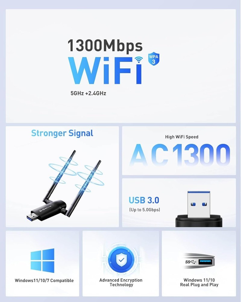 Fast 5GHz/2.4GHz Wireless USB Adapter - Windows Compatible