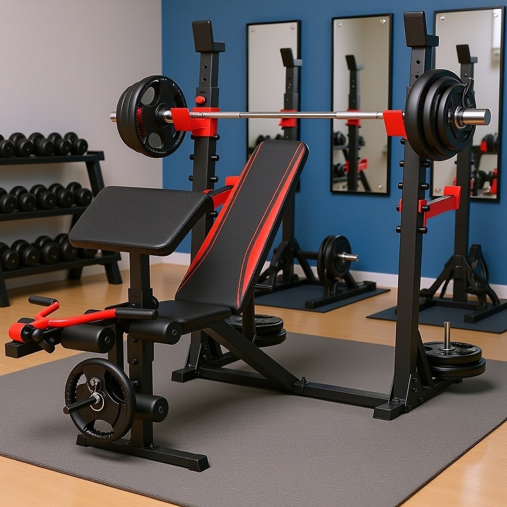 900LBS Olympic Weight Bench Adjustable with Squat Rack and Preacher Curl Workout