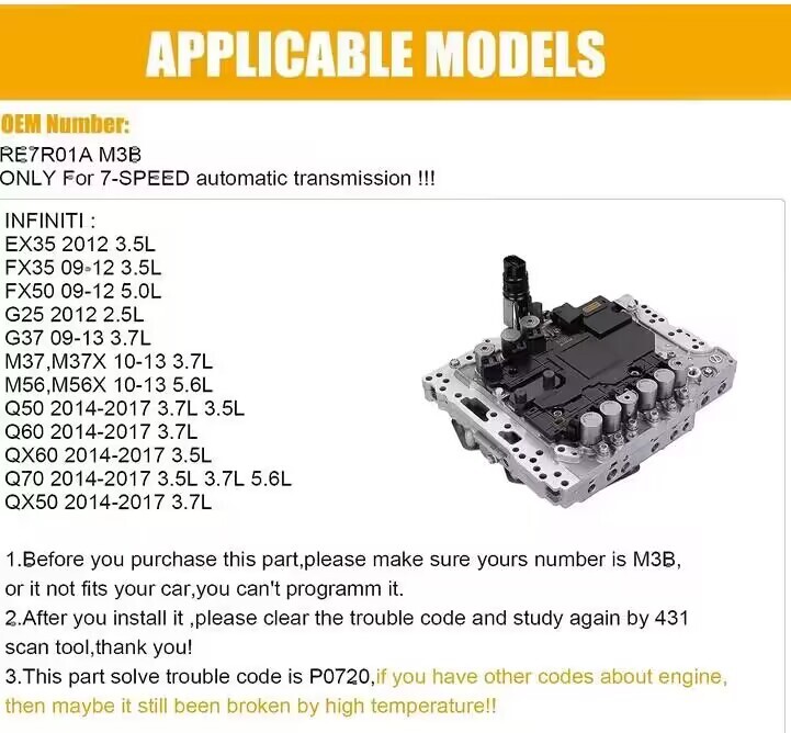 2014-2019 Infinity Q50 Q60 3.7L Valve Body TCM 31705-X132B RE7R01A Programmed