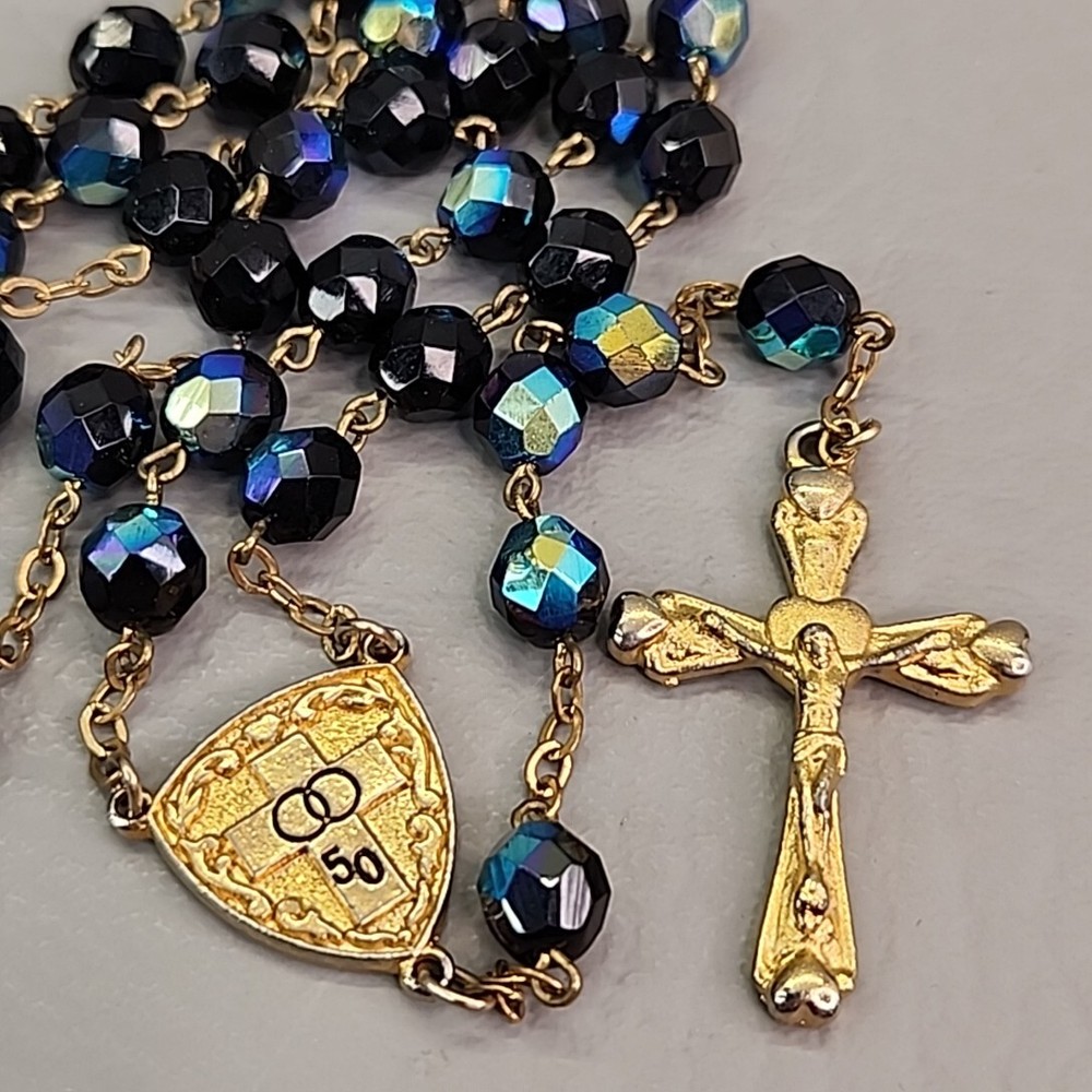 50th Anniversary Rosary Vitrail Glass Beaded Iridescent 5 Decade Catholic 21.75"