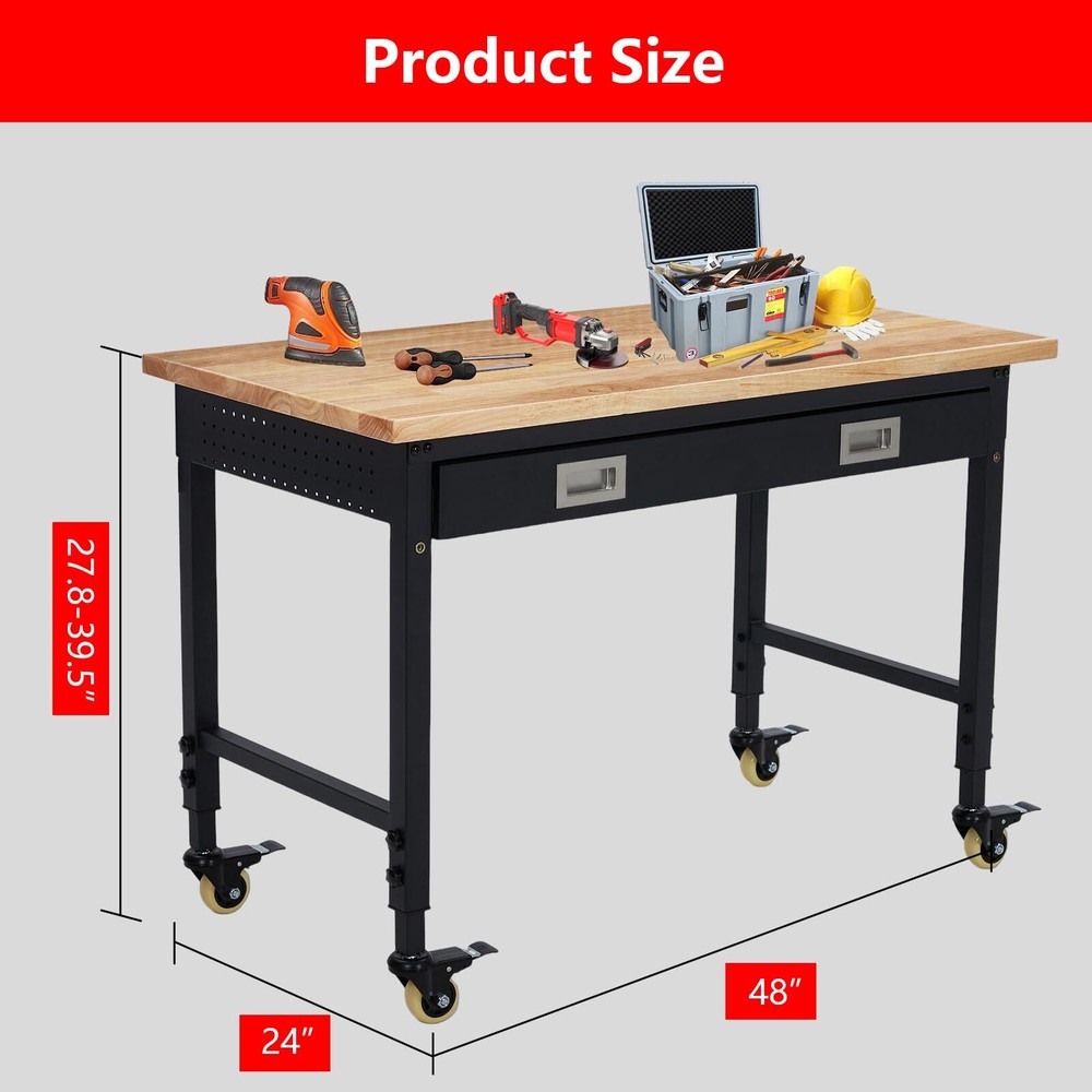 ✅48" Workbench Rubber Wood Top Workstation with Drawer & 4 Rolling Casters 2000