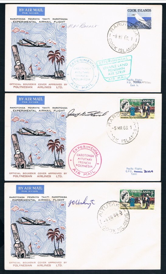 COOK ISLANDS • 1966 • Polynesian Airlines Experimental Flight • 3 Signed Covers