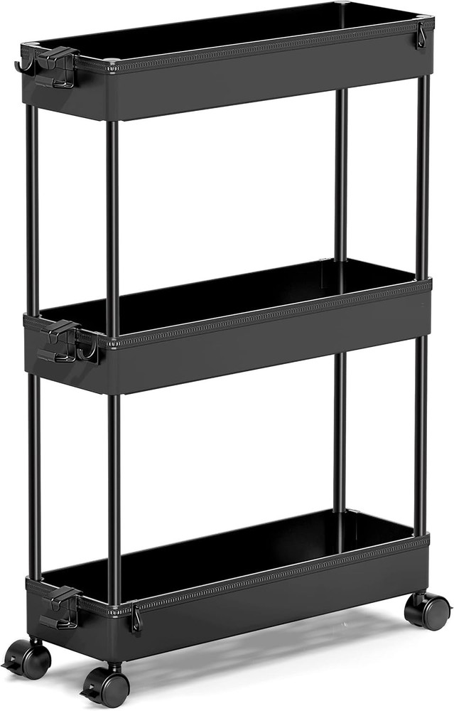 Slim Rolling Storage Cart, 3-Tier, Black, Multifunctional