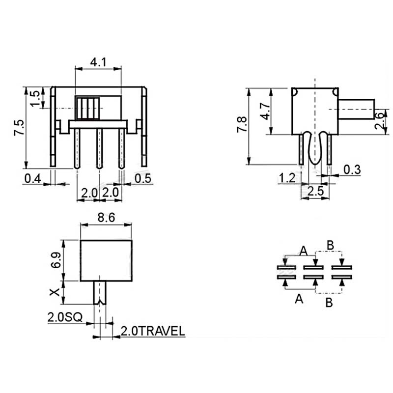 ON-OFF DPDT 2 Position 6 Pin PCB Panel Mini Horizontal Slide Switch 4mm Handle