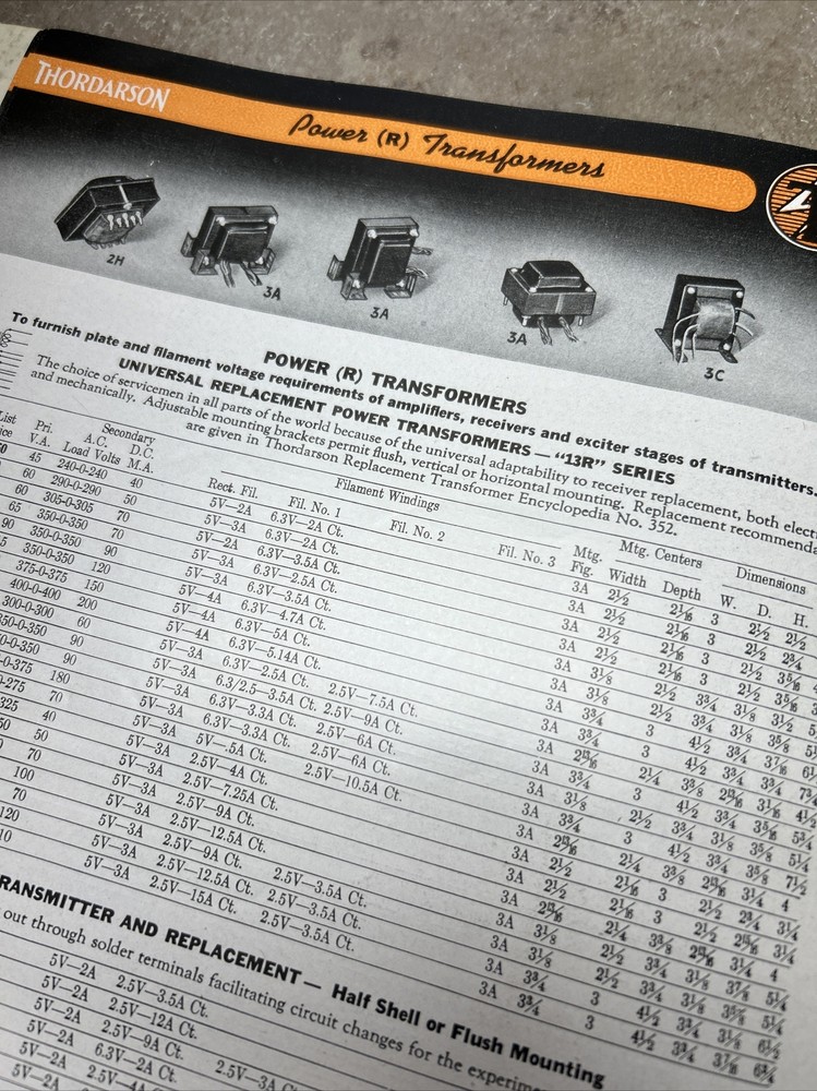 TRANSFORMERS BY THORDARSON COMPLETE CAT. NO 400-FX 1942 & COMPARISON DATA JB61
