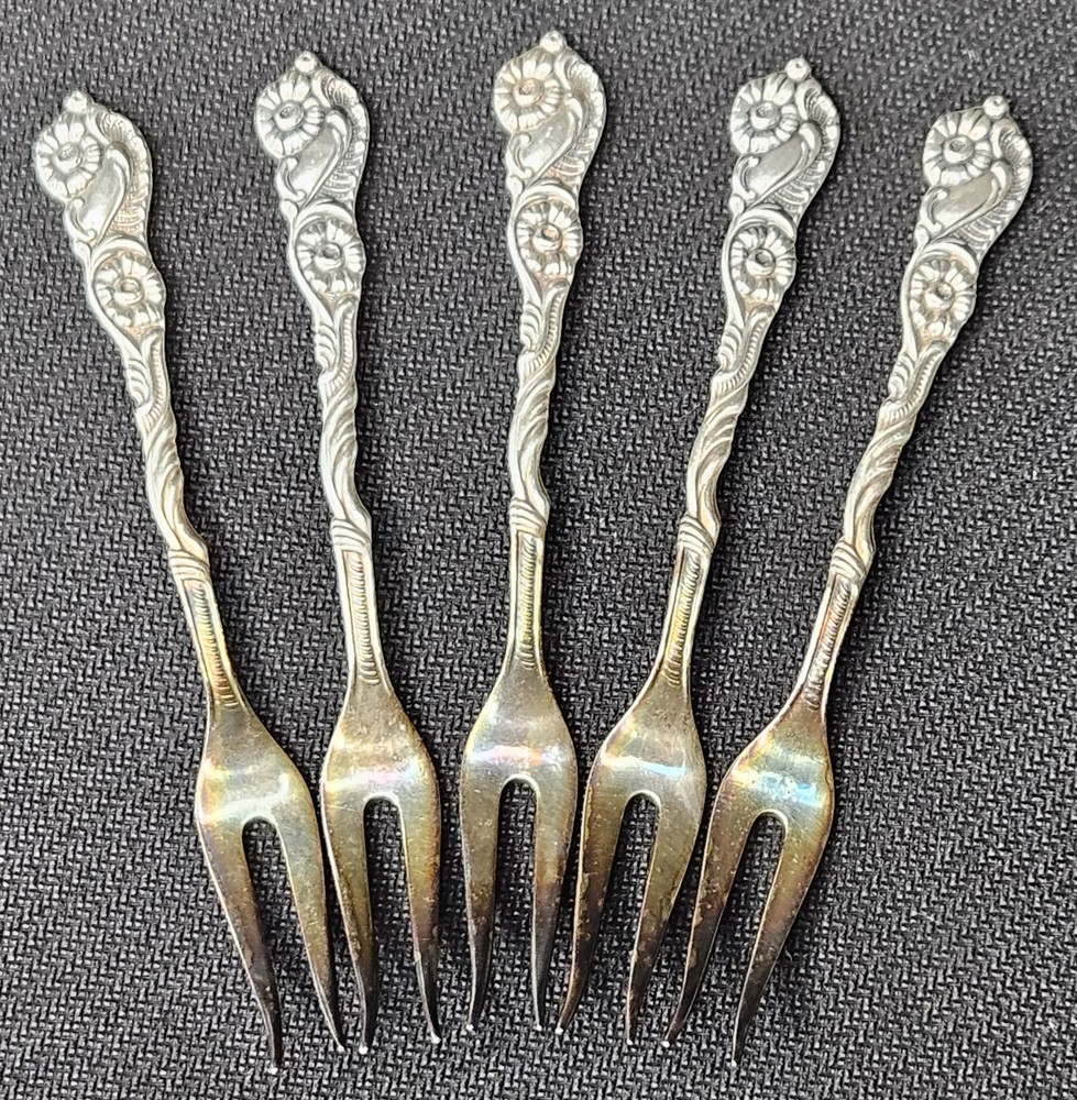 Vintage 1950's Set of 5 Nils Johan Silver Plated Appetizer Forks w/ Holder Cup