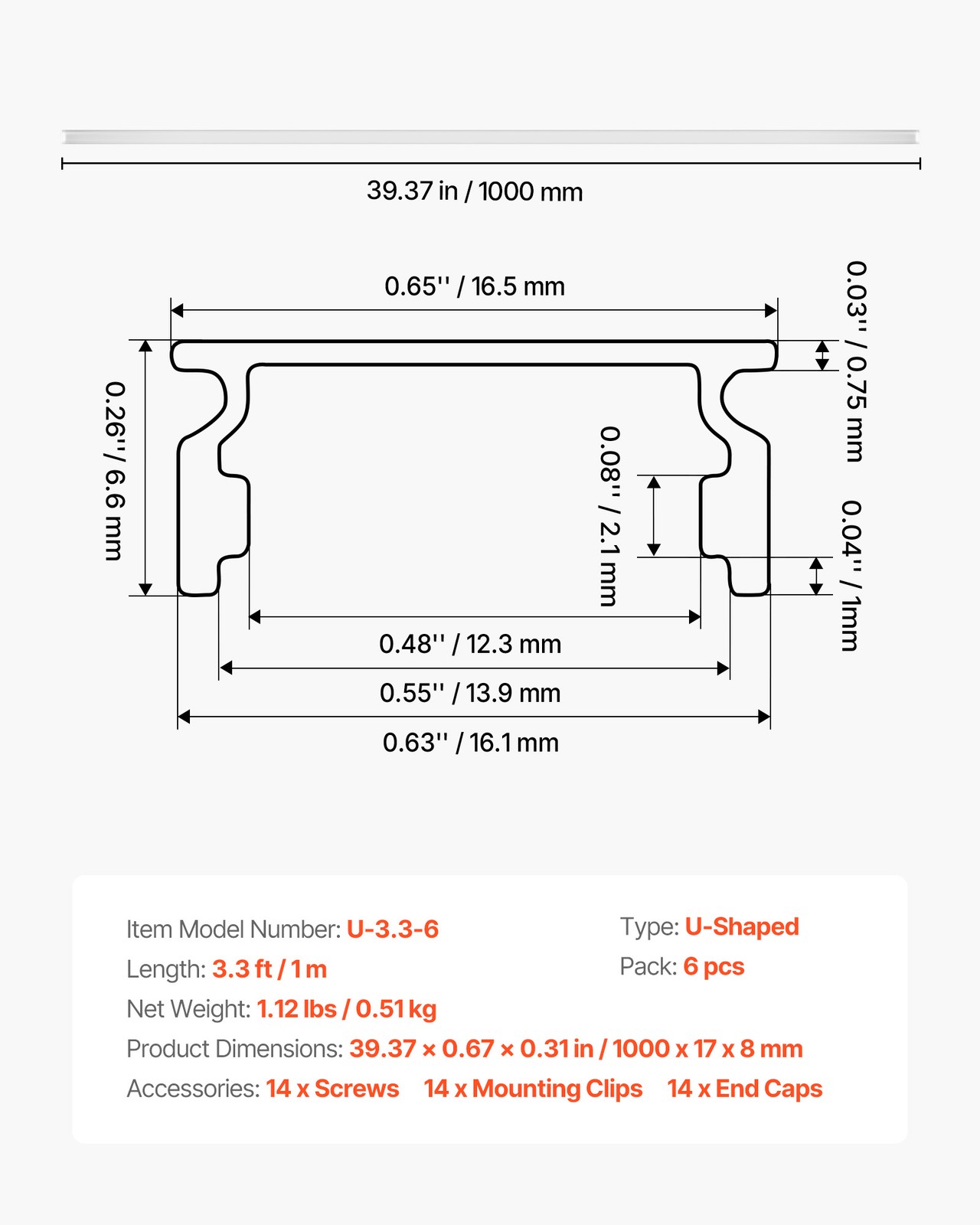 VEVOR 6-Pack 3.3 ft/1M U Shape LED Aluminum Channel Milky Cover for LED Strip