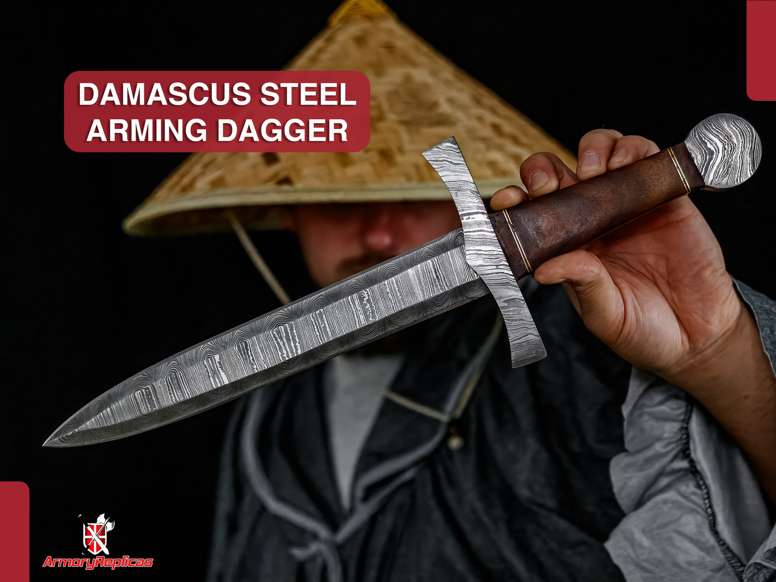 Damascus Steel Arming Dagger Full Tang Short Sword Sheesham Wood Brass w/ Sheath