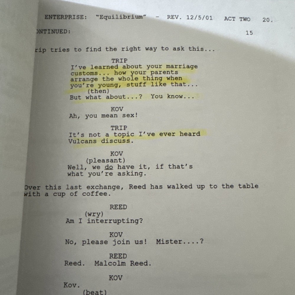 Original Cast Used Star Trek Enterprise Production Script “Equilibrium” 2001