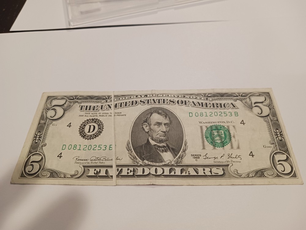 $5 1969-C Federal Reserve Gutter Fold Error