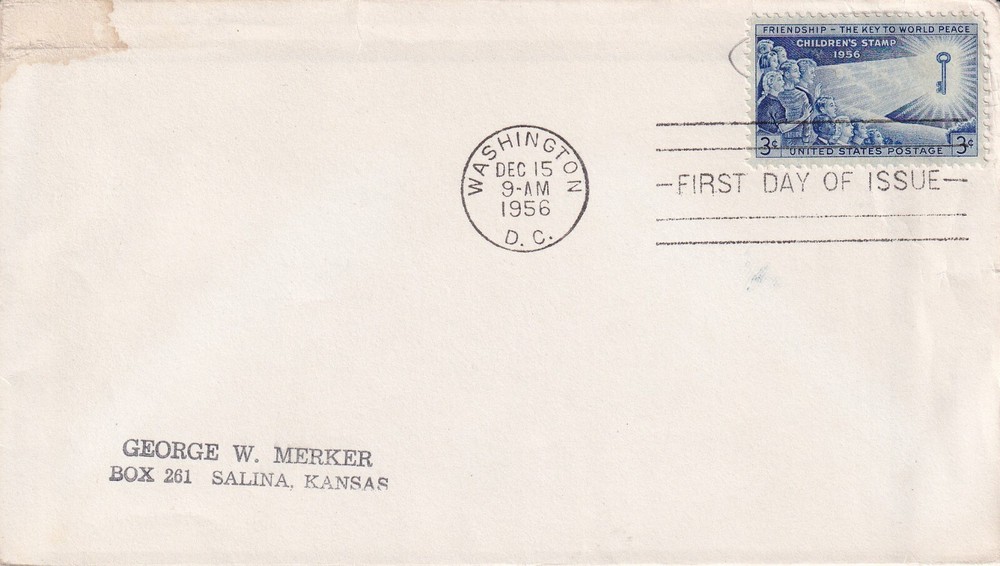 STAMP US SCOTT 1085 "Friendship The Key to World Peace" 3 CENT 1956 FDC - E