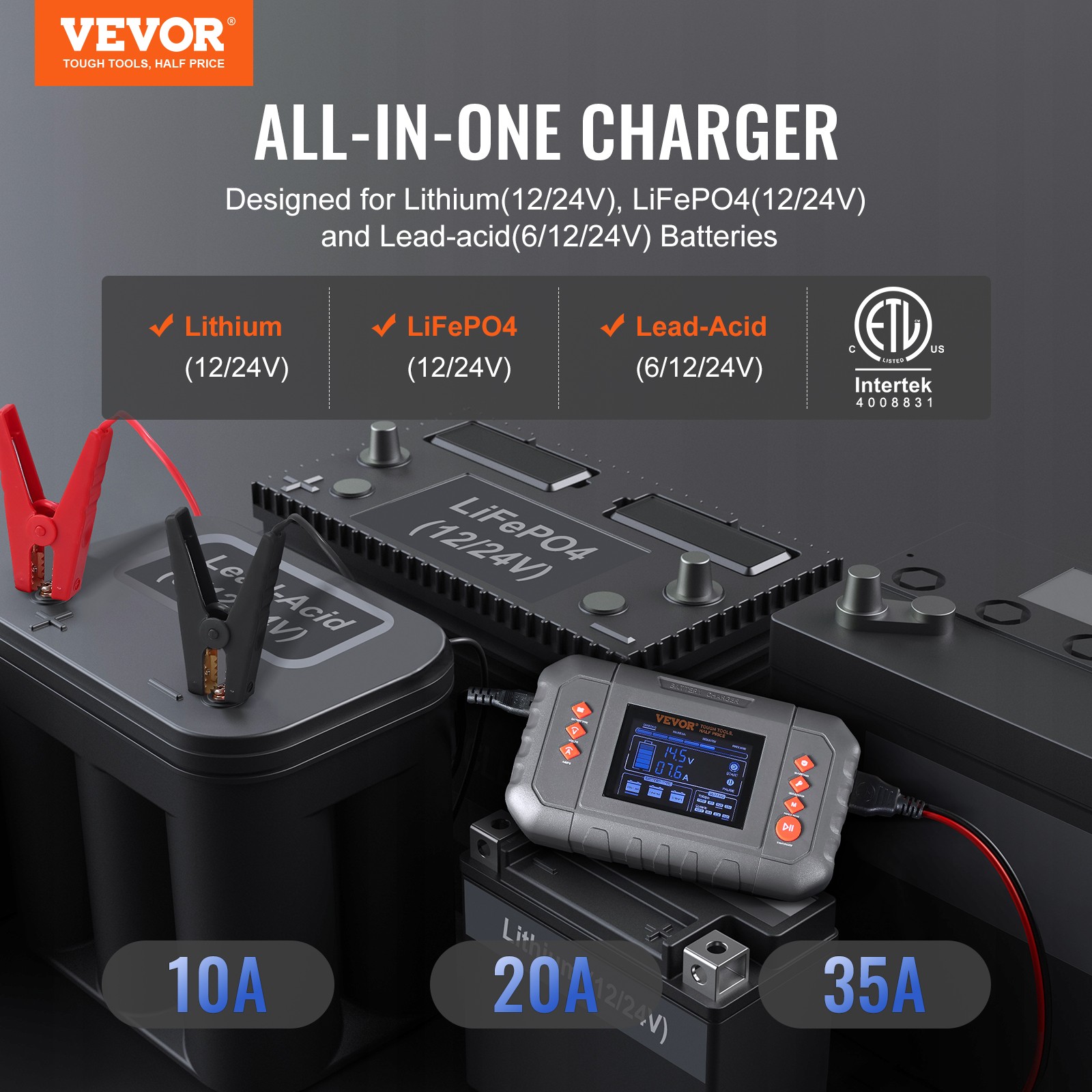 VEVOR Smart Battery Charger 35A Lithium LiFePO4 Lead-Acid Car Battery Charger