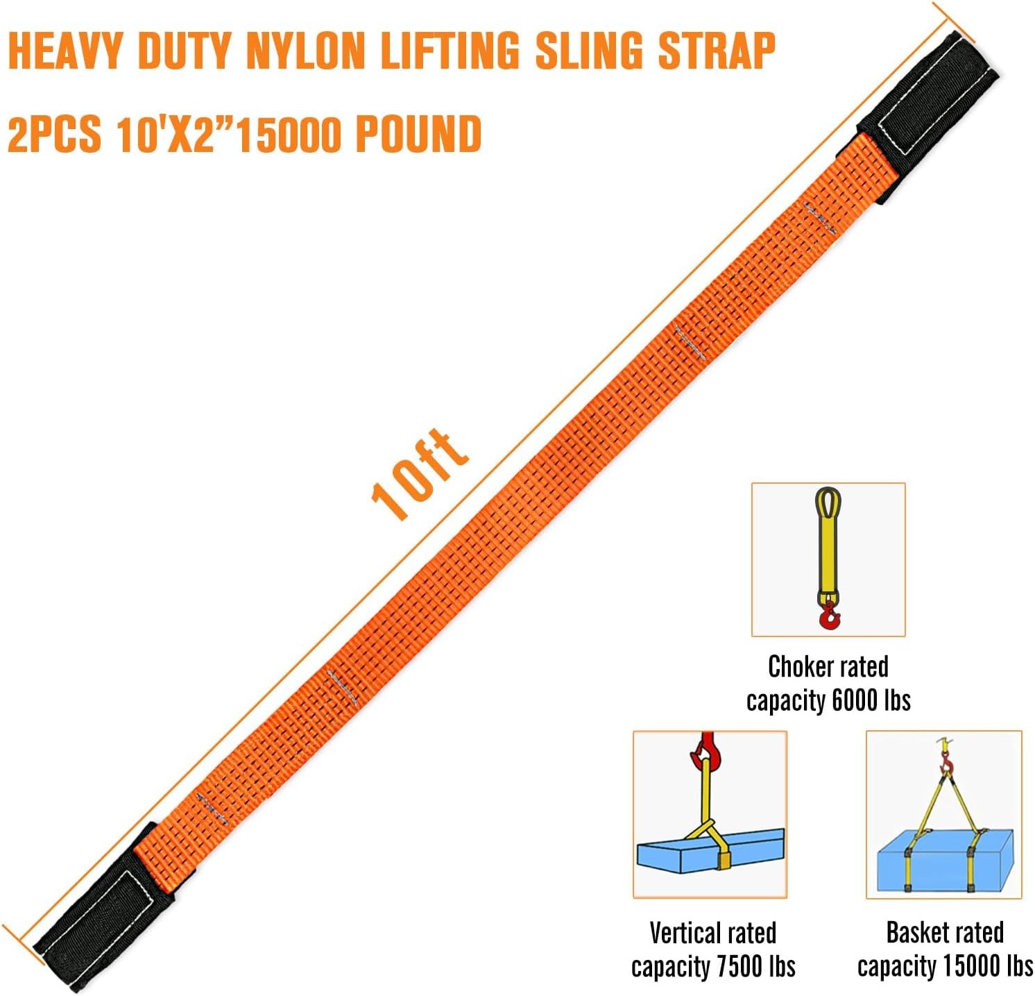 2 Pcs 2" x10FT Heavy Duty Nylon Lifting Sling Strap, 15000lb Capacity Super Stur