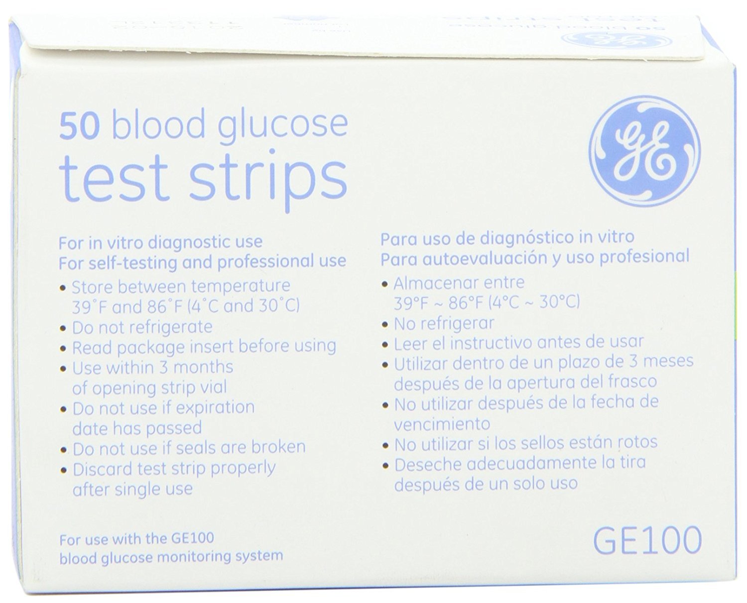 GE100 Blood Glucose Test Strips, Gold Electrode, 50 Count, 05/2025 Bionime New