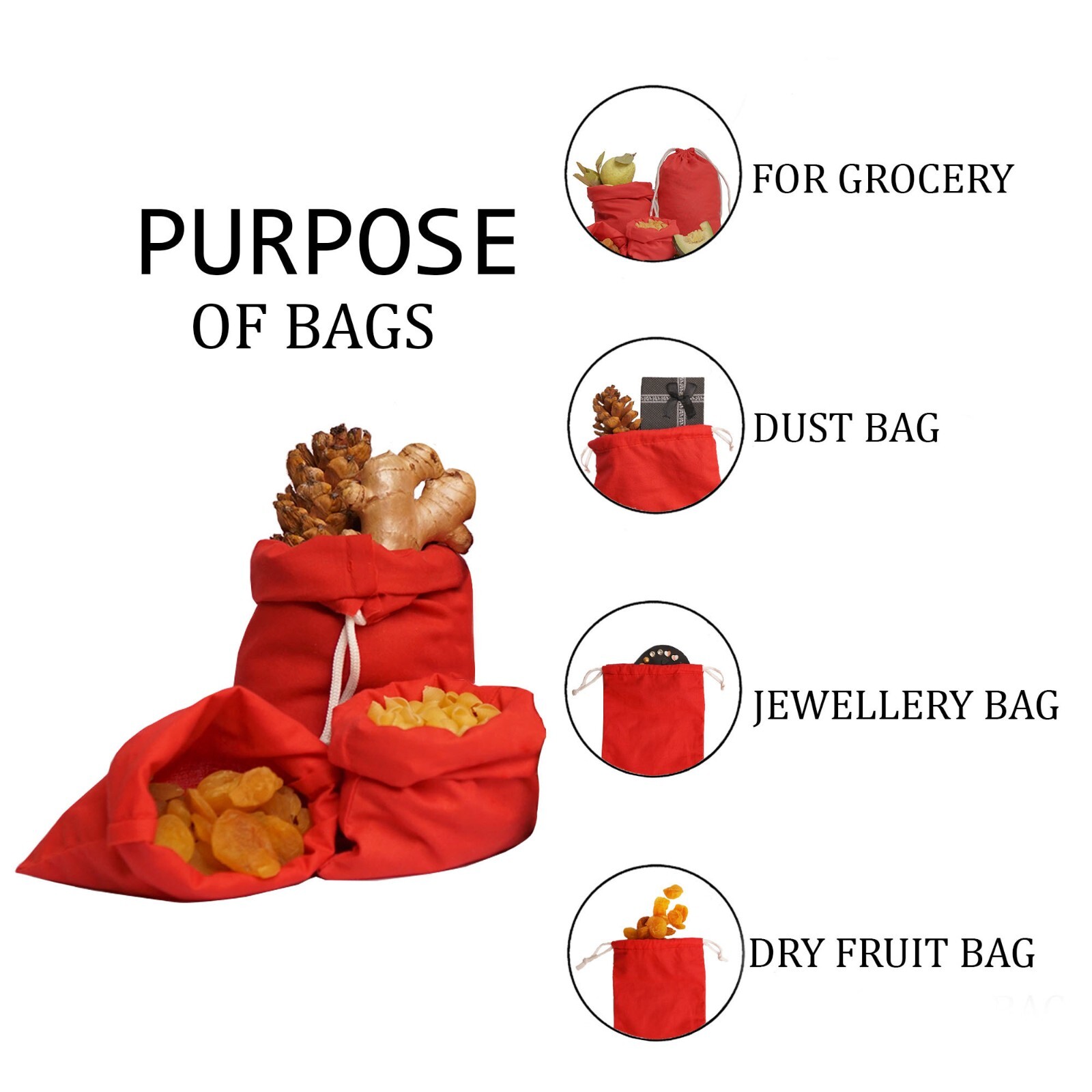 Biglotbags - Premium Red 145 GSM Cotton Double Drawstring Reusable Muslin Bags