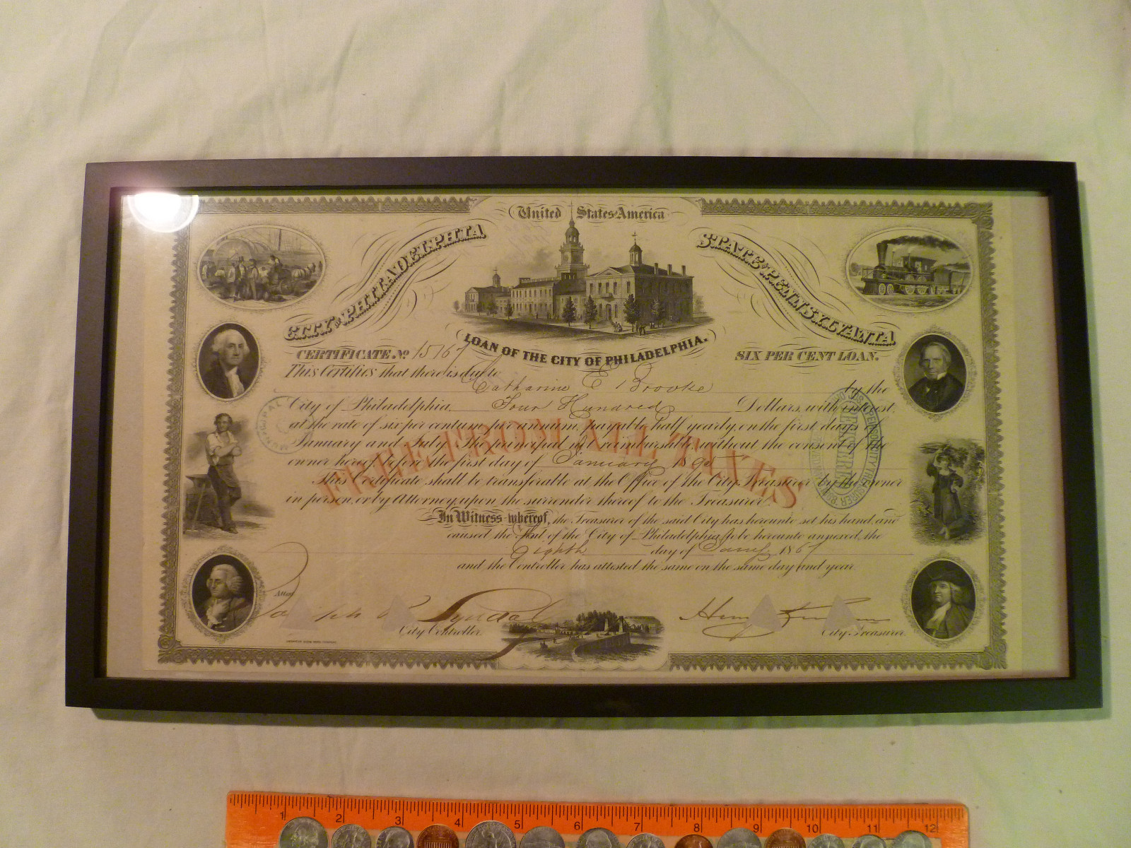 FRAMED 1867 CITY OF PHILADELPHIA BOND