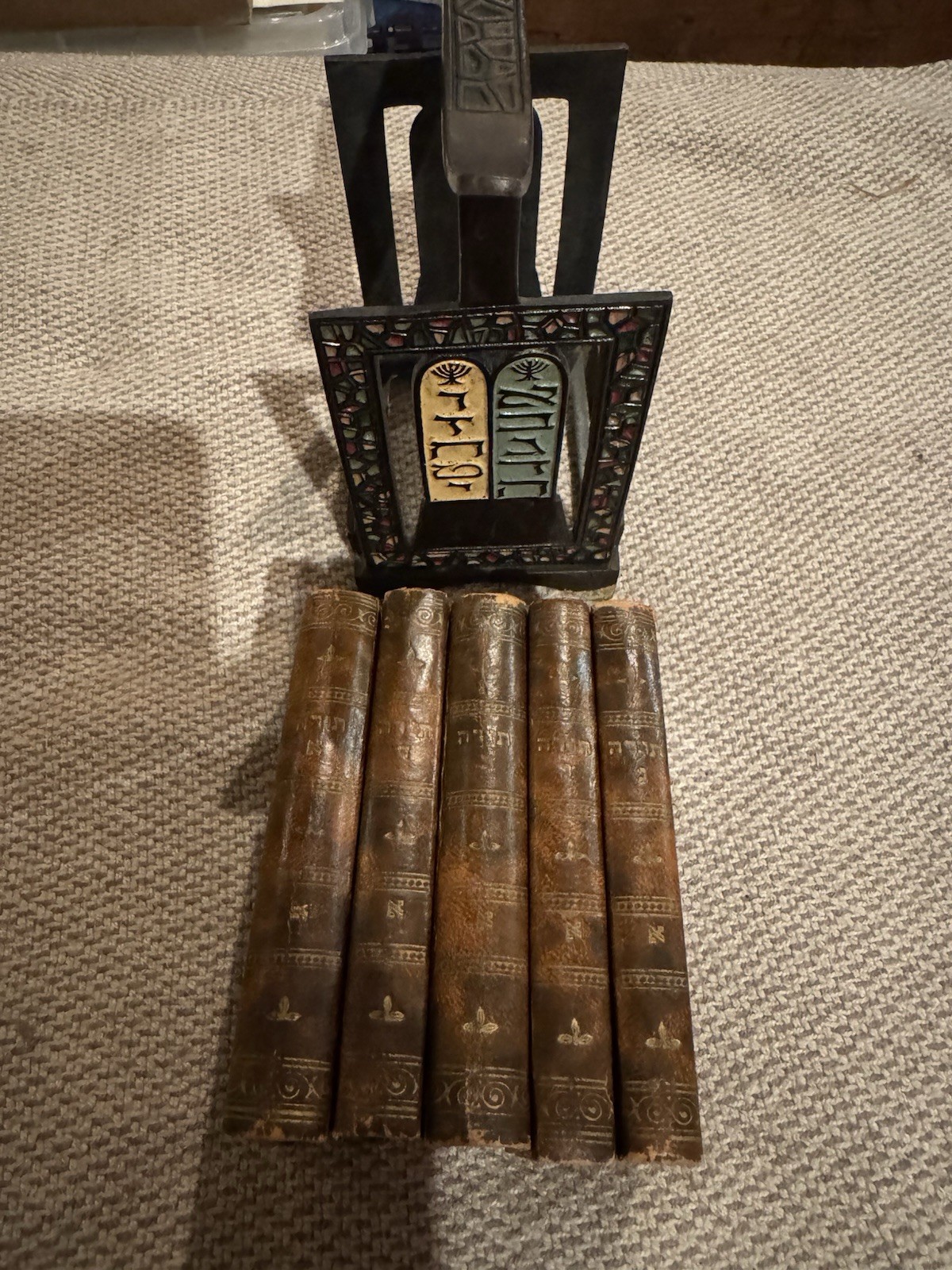 Vintage 5 Leather Bound Books of Moses (TorahSet) Hebrew with Metal Book Holder