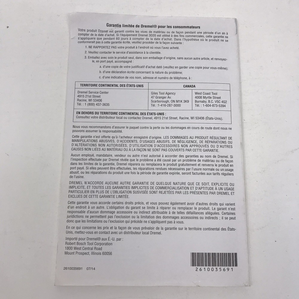 Dremel DigiLab 3D20 3D Printer Idea Builder Operating Safety Instructions Only