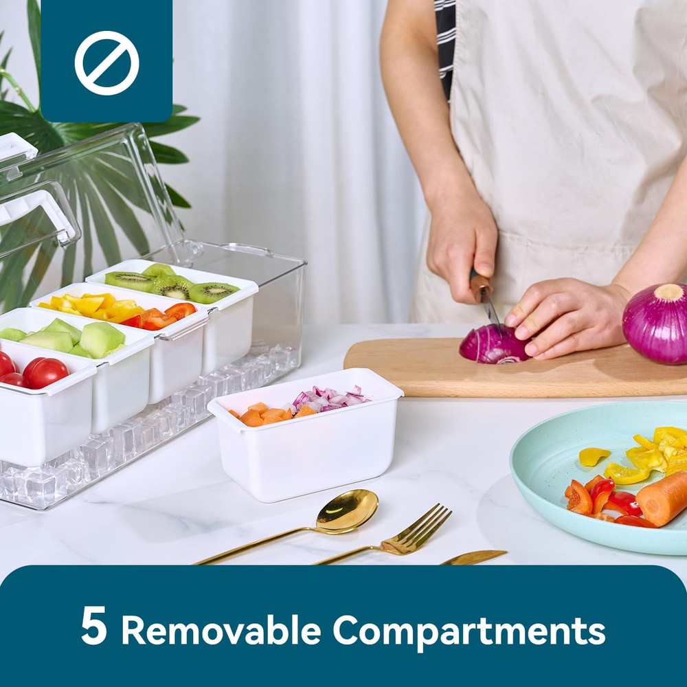 Luckore Chilled Condiment Caddy Server with 5 Removable 1 Pack, Clear, White