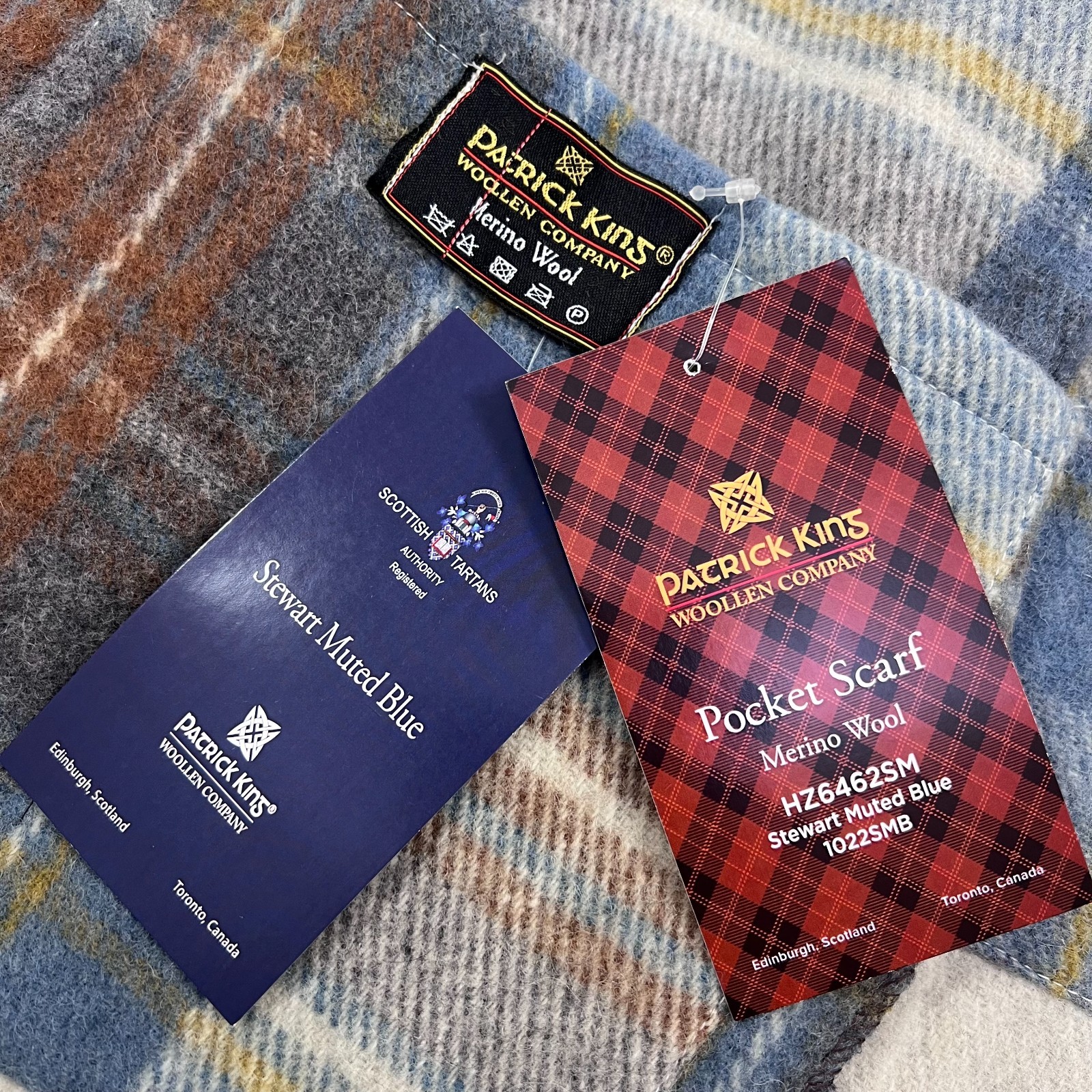 Patrick King Pocket Scarf One Size Stewart Muted Blue Tartan Merino Wool NEW