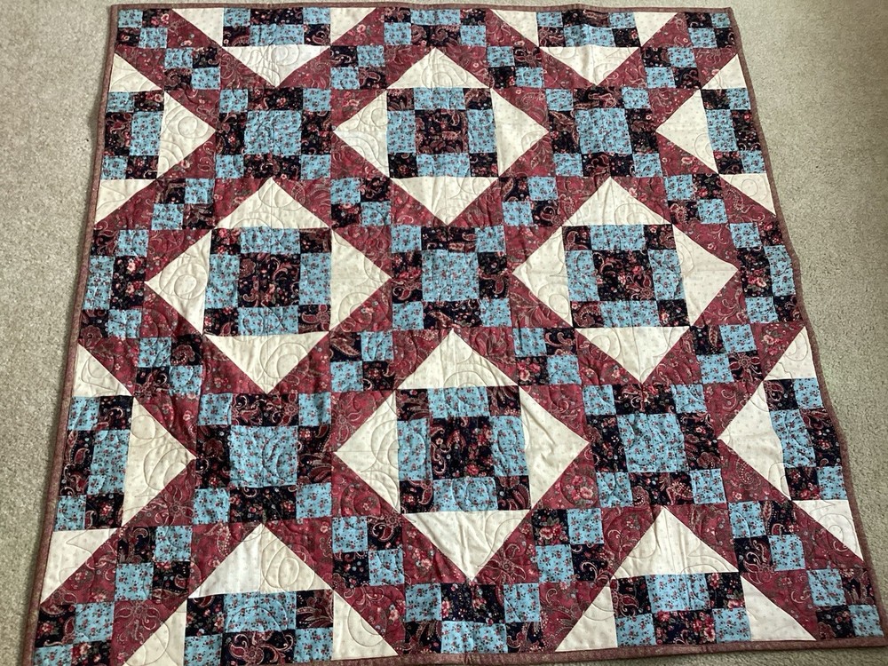 Hand/Machine Quilted MultiColored Floral Patchwork Lap Quilt 47” Square