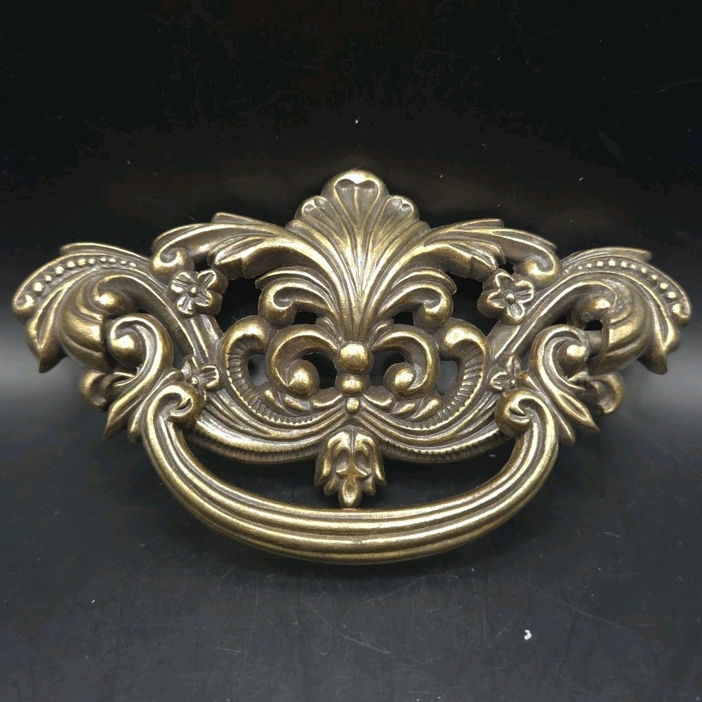 Solid Brass Ornate Drawer Pull Handle 1988 Vintage 4"x2" Stamped Bail Pull