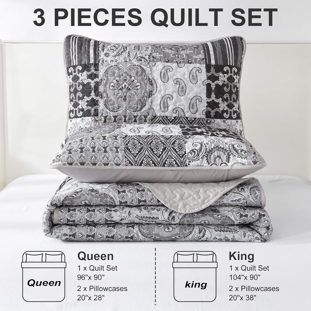 King Size Grey Quilt Set Patchwork Plaid Boho Bedding 3 Piece Bedspread Set