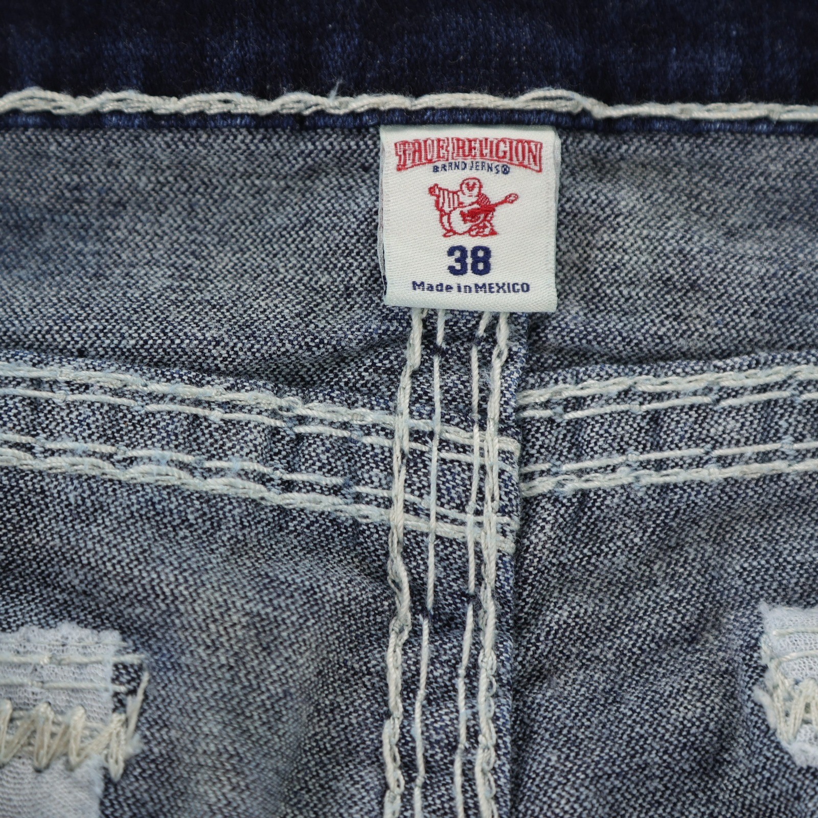 True Religion Straight Flap Super QT Jeans Mens 38 Dark Wash White Thick Stitch