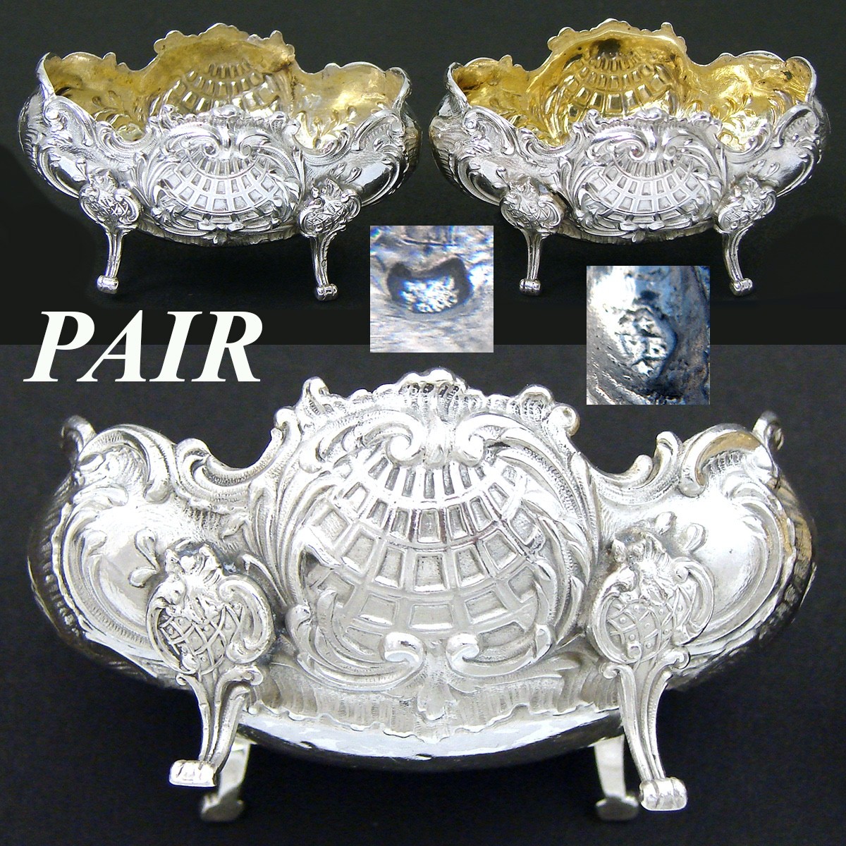 Fab Pair Antique French .800 (nearly sterling) Silver Open Salts, Louis XV Style