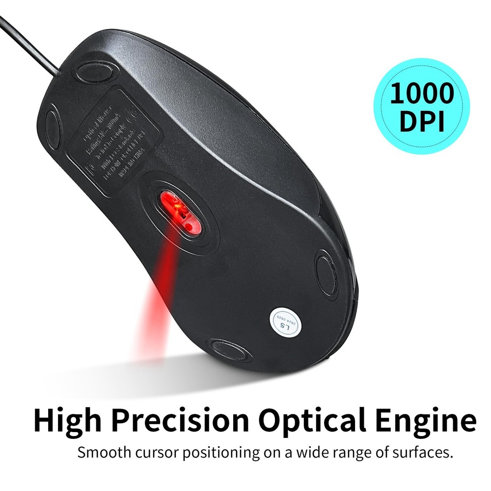 High-Performance Wired PS2 Mouse - 1000 DPI Resolution Black 5ft Cable Includ...