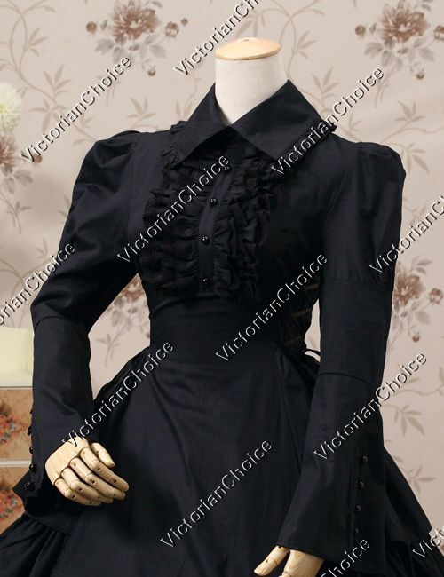 Black Victorian Gothic Maid Mourning Dress Steampunk Witch Halloween Costume 007