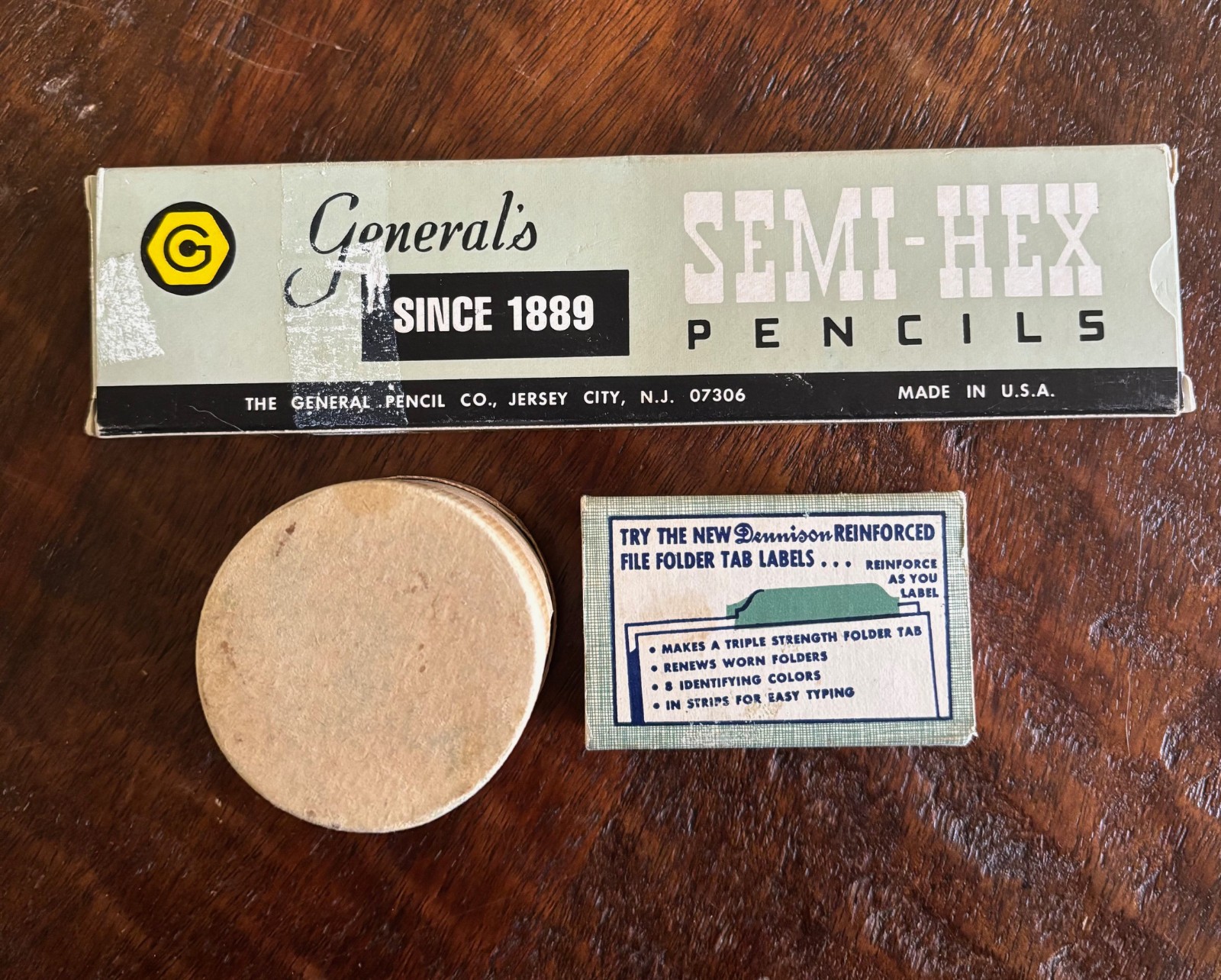 Vintage office supplies VTG brass fasteners gummed hangers pencils made in USA