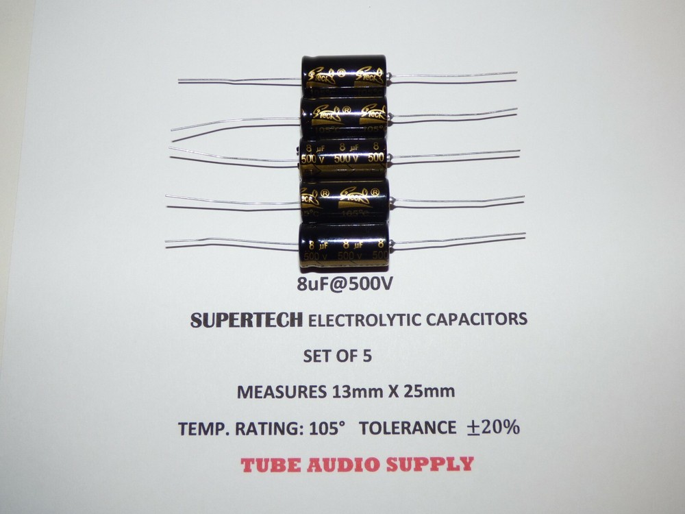 8uF@500volt ELECTROLYTIC CAPACITOR, AXIAL, SUPERTECH HIGH QUALITY, SET OF 5