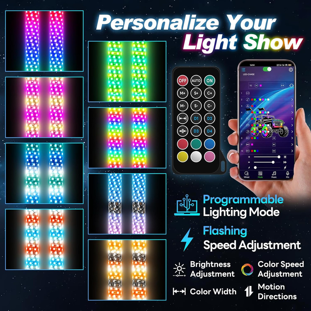 2PCS 1FT Fat Whip Lights with Spring Base, Thick LED Whip Lights with App & R...