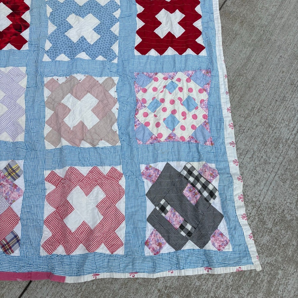 Vtg Quilt Patchwork Block Pattern 78”x60” Hand Made Cotton Feed-sack? Depression