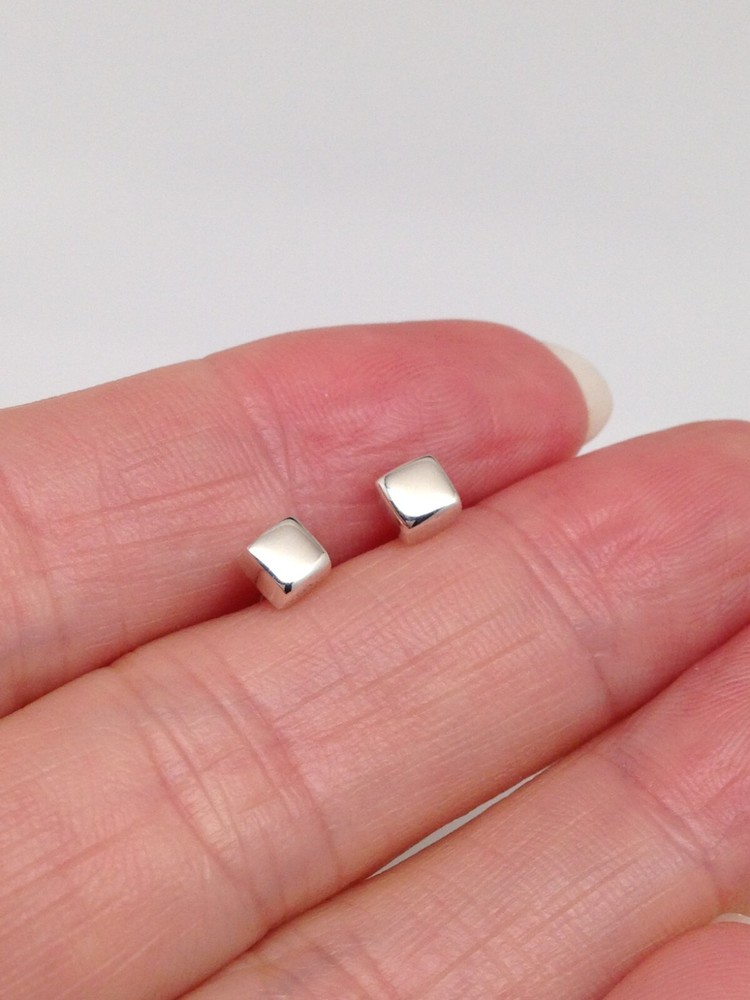 Solid Cube Stud Earrings 925 Sterling Silver Dainty Post Stud Mens Womens 3.5mm