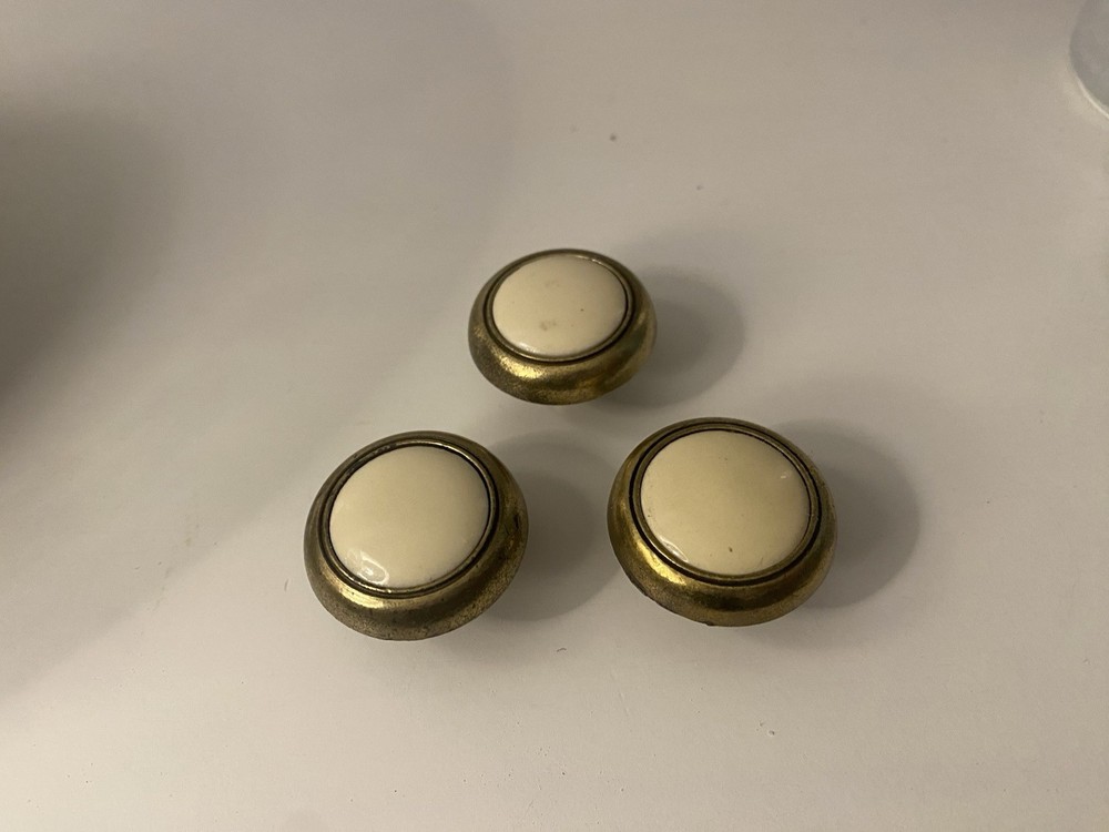 3 Vintage Brass & White Porcelain Cabinet Knobs Mid Century