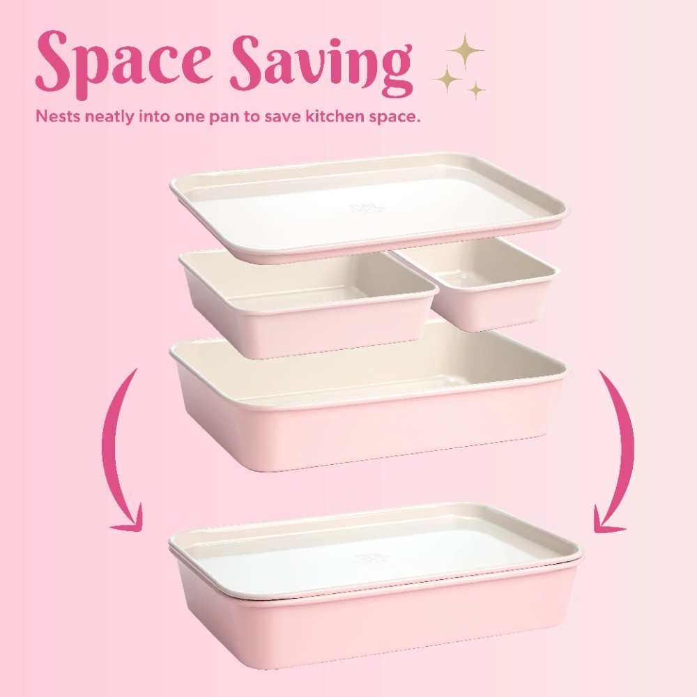 Pink 4-Piece Nonstick Nesting Bakeware Set Roaster Cookie Sheet Cake Pan Loaf